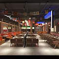Korean Buffet Restaurant Interior With Colorful Lanterns Wooden Counter And Dining Tables