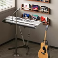 Creative Home Studio Setup With Musical Instruments Art Supplies Keyboard Acoustic Guitar Microphone And Wall Shelf