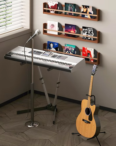 Creative Home Studio Setup With Musical Instruments Art Supplies Keyboard Acoustic Guitar Microphone And Wall Shelf 3d model