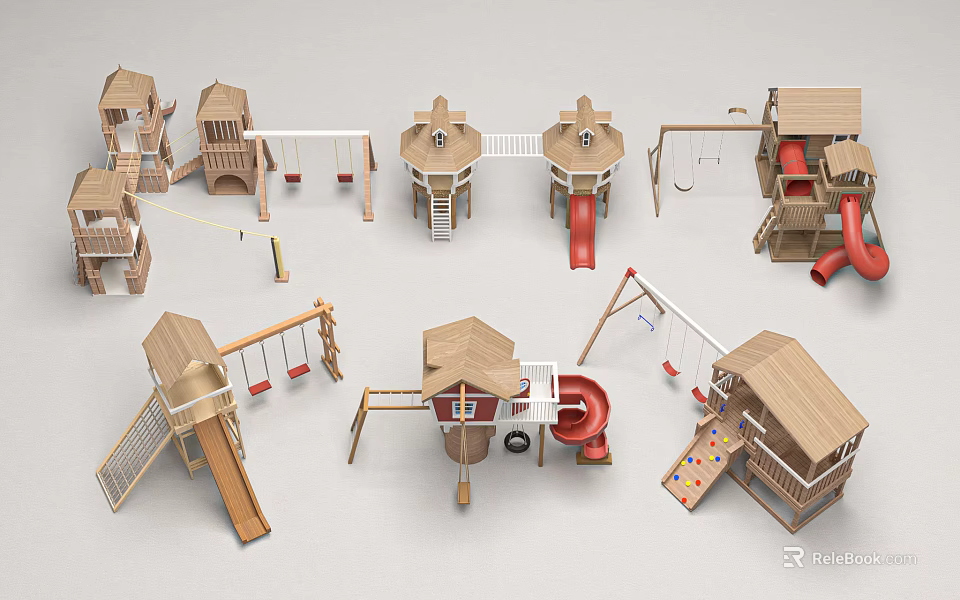 Wooden Outdoor Playground Equipment With Slides Swings Climbing Structures And Playhouse Designs 3d model 
