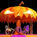 Pumpkin Shaped Carousel With Carousel Horses Carriage Purple Pink Platform And Decorative Lights