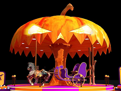 Pumpkin Shaped Carousel With Carousel Horses Carriage Purple Pink Platform And Decorative Lights 3d model