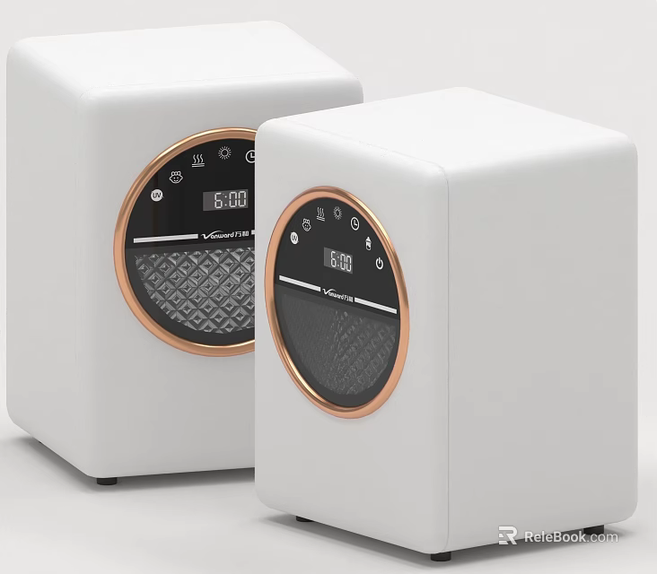 White Cube Shaped Household Electrical Devices With Circular Control Panel Display Screen And Golden Trim 3d model 