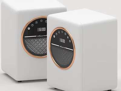 White Cube Shaped Household Electrical Devices With Circular Control Panel Display Screen And Golden Trim 3d model