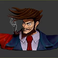 Stylized Game Movie Character With Messy Brown Hair Beard Blue Coat Red Tie White Shirt