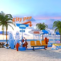 City Pop Themed Beach Setup With Palm Trees Surfboards And Sun Umbrellas