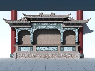 Ancient Architecture Featuring Traditional Roof Carved Decorations Red Pillars And Stone Base 3d model