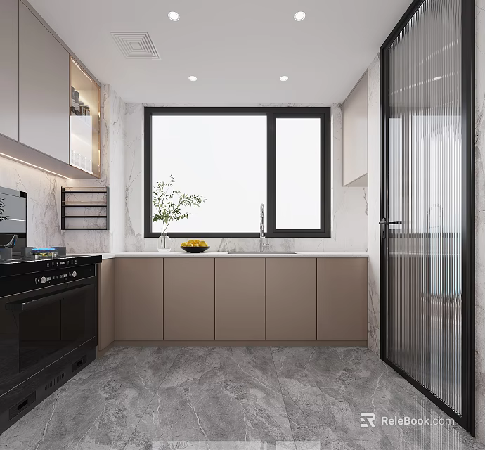 Modern Kitchen Interior With Light Colored Cabinets Black Appliances Large Window And Gray Floor 3d model