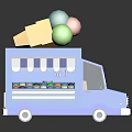 Blue Ice Cream Truck With Striped Awning Waffle Cones And Ice Cream Scoops On Roof