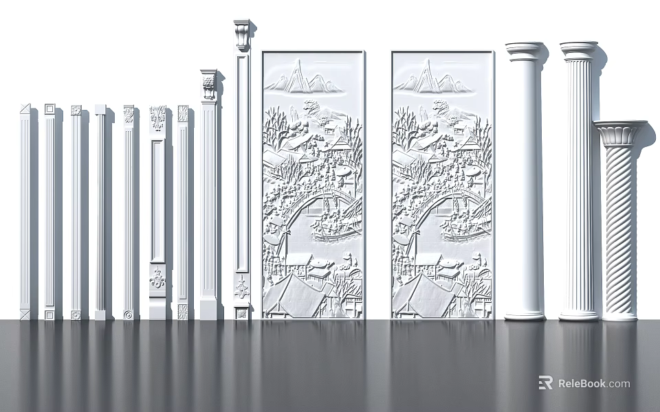Decorative Roman Columns With Intricate Carved Relief Designs And Ornate Architectural Details 3d model 