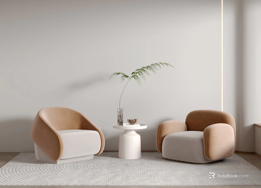 Casual Sofa Set Beige and Brown Armchairs with Small Round Table Plant Light Wall Rug 3d model 