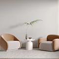 Casual Sofa Set Beige and Brown Armchairs with Small Round Table Plant Light Wall Rug