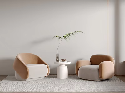 Casual Sofa Set Beige and Brown Armchairs with Small Round Table Plant Light Wall Rug 3d model