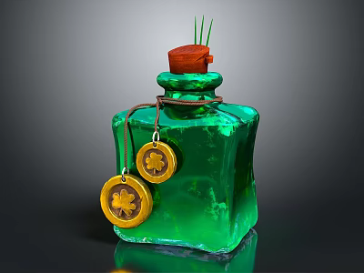 Green Glass Bottle With Cork Stopper Grass Stems And Gold Clover Pendants 3d model