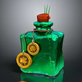 Green Glass Bottle With Cork Stopper Grass Stems And Gold Clover Pendants