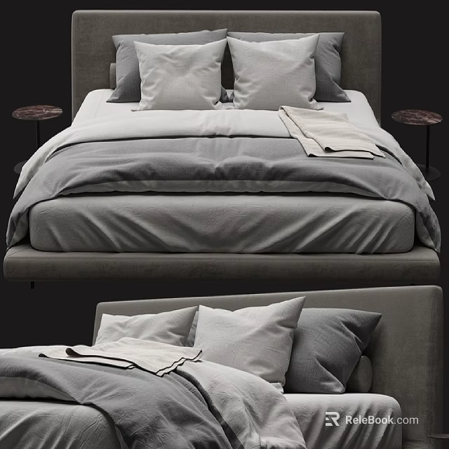 Double Bed With Grey Frame White And Grey Pillows And Side Tables 3d model