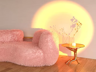 Pink Fluffy Single Sofa With Gold Side Table Dried Flowers And Warm Yellow Light Projection On Wooden Floor 3d model