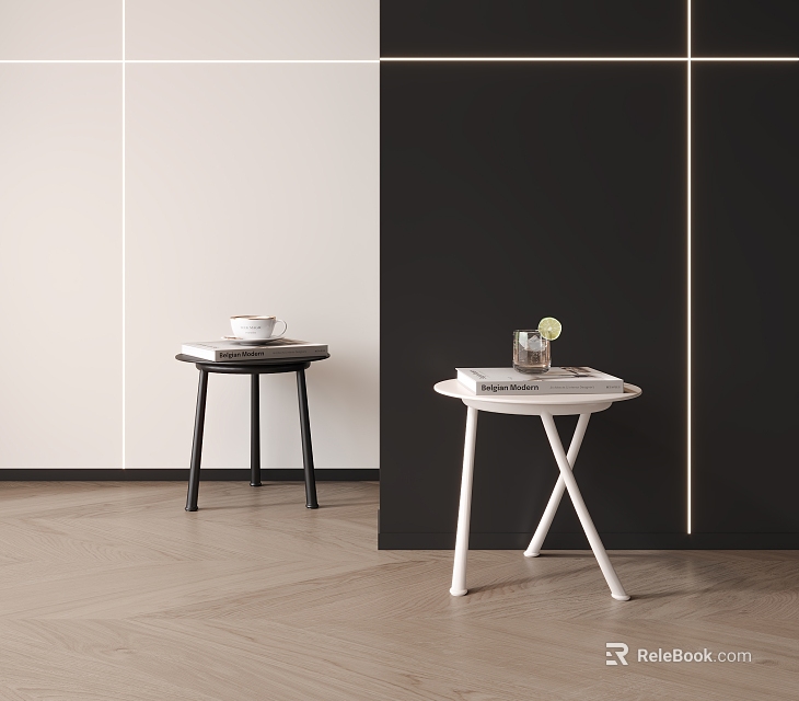 Modern Black And White Side Tables With Wooden Legs Cup Magazines And Small Plant 3d model 