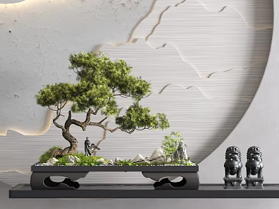 Traditional Garden Ornament Design With Bonsai Pine Rockery And Stone Lions 3d model
