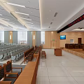Courtroom Interior Design With Wooden Audience Seats Judge Bench And Large Screens