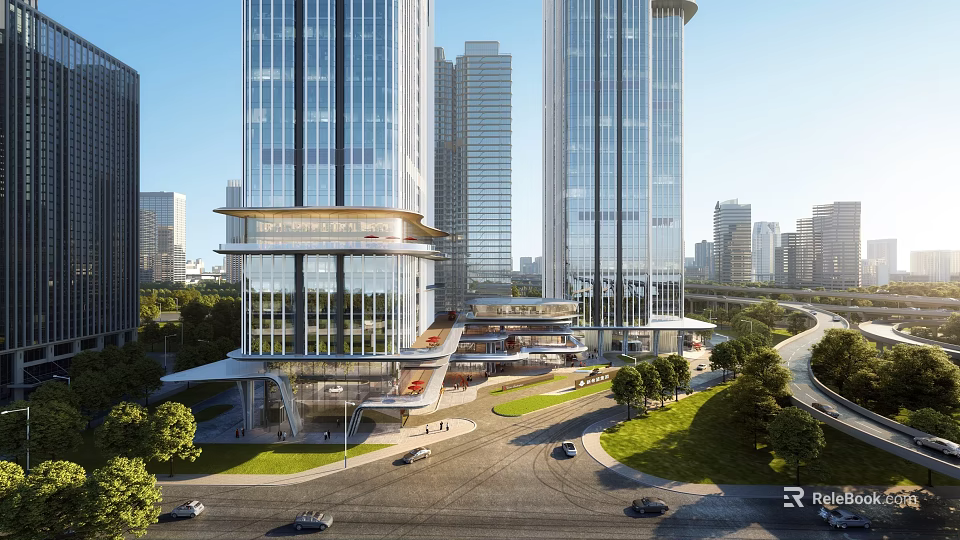 Modern Commercial Complex With Glass Facades Tall Buildings Roads Vehicles And Greenery 3d model 