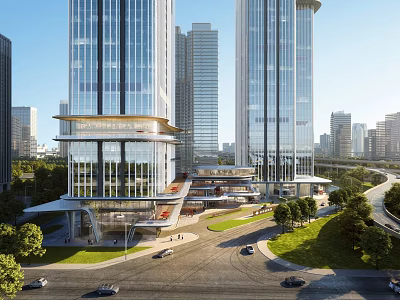 Modern Commercial Complex With Glass Facades Tall Buildings Roads Vehicles And Greenery 3d model