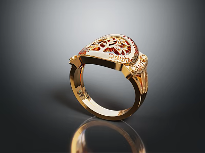 Elegant Gold Ring With Intricate Filigree Design And Red Gemstone Centerpiece 3d model