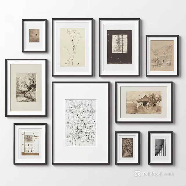 Gallery Wall Display With Framed Black White Drawings And Vintage Art 3d model 
