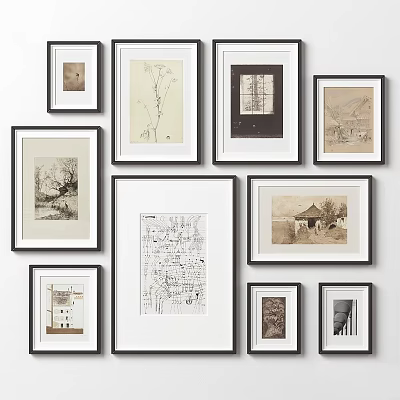 Gallery Wall Display With Framed Black White Drawings And Vintage Art 3d model