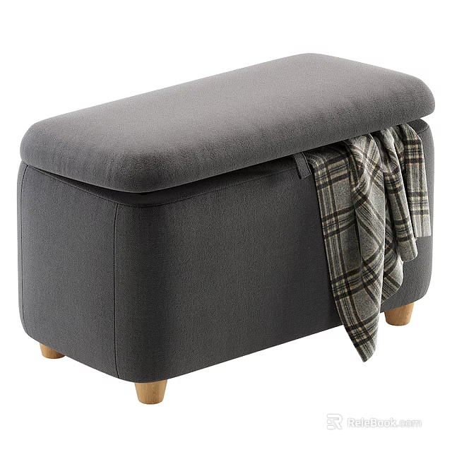 Gray Storage Ottoman Bench with Padded Top Plaid Blanket and Wooden Legs 3d model 
