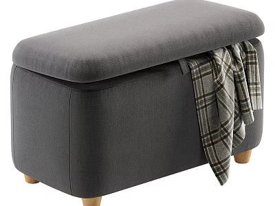 Gray Storage Ottoman Bench with Padded Top Plaid Blanket and Wooden Legs 3d model