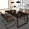 Modern Dining Room Interior Featuring Wooden Table Rattan Seats Chairs And White Cabinets