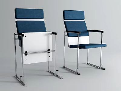 Two Modern Blue Office Chairs With Metal Frame And Writing Tablet 3d model