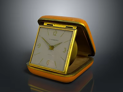 Square Clock With White Dial Gold Numbers And Open Orange Leather Case 3d model