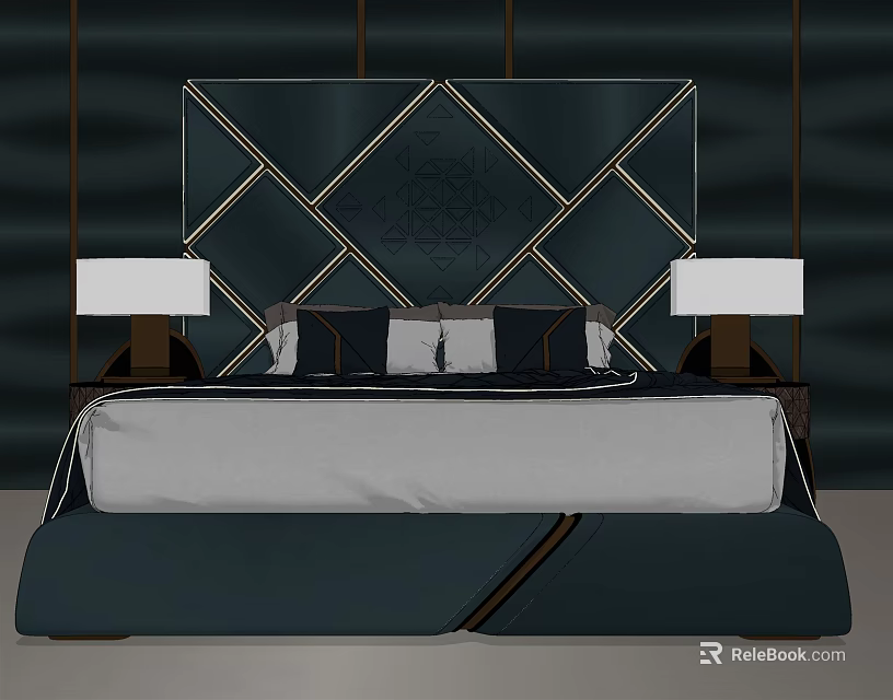 Background Double Bed With Emerald Green Leather Headboard Diamond Pattern And White Table Lamps 3d model