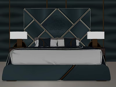 Background Double Bed With Emerald Green Leather Headboard Diamond Pattern And White Table Lamps 3d model