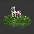 White Unicorns Standing On Green Grass With Small Flowers Decorating The Scene