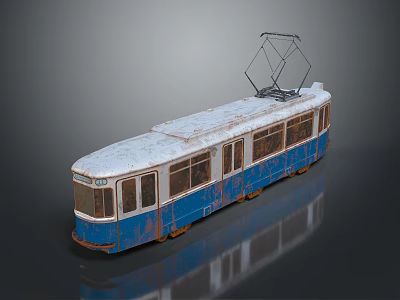 Old Blue And White Rusty Tram With Roof Pantograph On Dark Surface 3d model