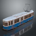 Old Blue And White Rusty Tram With Roof Pantograph On Dark Surface