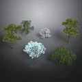 Various Types of Green and White Trees with Diverse Shapes on Grey Background