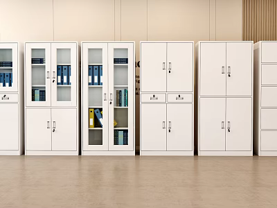 White Office Bookcases With Glass And Closed Doors For Files Storage 3d model