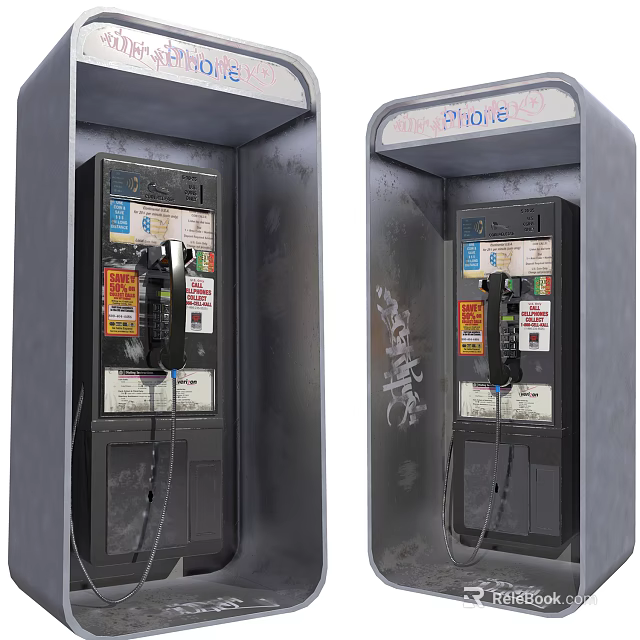 Public Phone Booths with Graffiti Stickers and Phone Sign on Exterior 3d model 