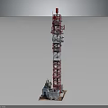 Red and White Communication Tower Equipment with Steel Frame and Small Buildings at the Base