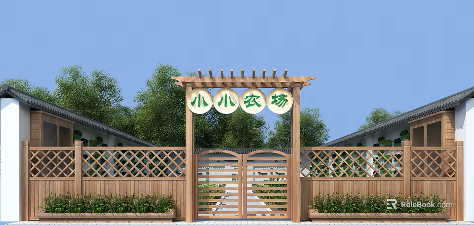 School Building Farm Area Entrance With Wooden Pergola And Trees 3d model 