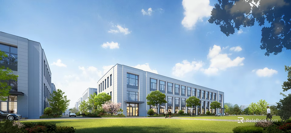 Modern Office Building Exterior With Green Lawn Trees And Blue Sky 3d model 