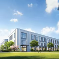 Modern Office Building Exterior With Green Lawn Trees And Blue Sky