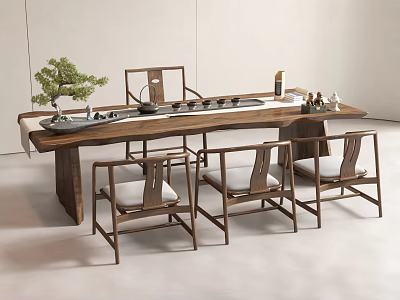 Modern Wooden Tea Table and Chairs with Tea Sets and Small Potted Plant 3d model