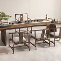 Modern Wooden Tea Table and Chairs with Tea Sets and Small Potted Plant