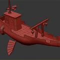 Wooden Model Boat With Dark Hull Red Cabin Lanterns Ladder And Song 231
