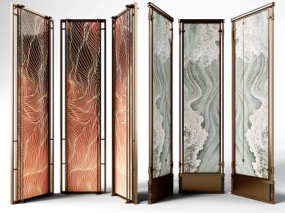 Modern Decorative Room Dividers With Bronze Frames And Wavy Patterns In Red Green White 3d model